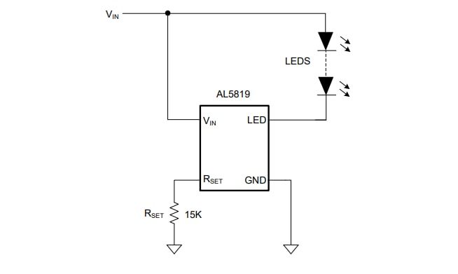 Schéma du circuit d'application - Diodes Incorporated Pilote LED linéaire à faible chute de tension 36 V AL5819